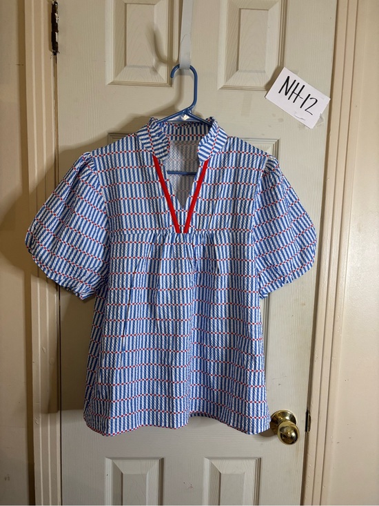 Tops - Blue and White Patterned Popover with Red Trim